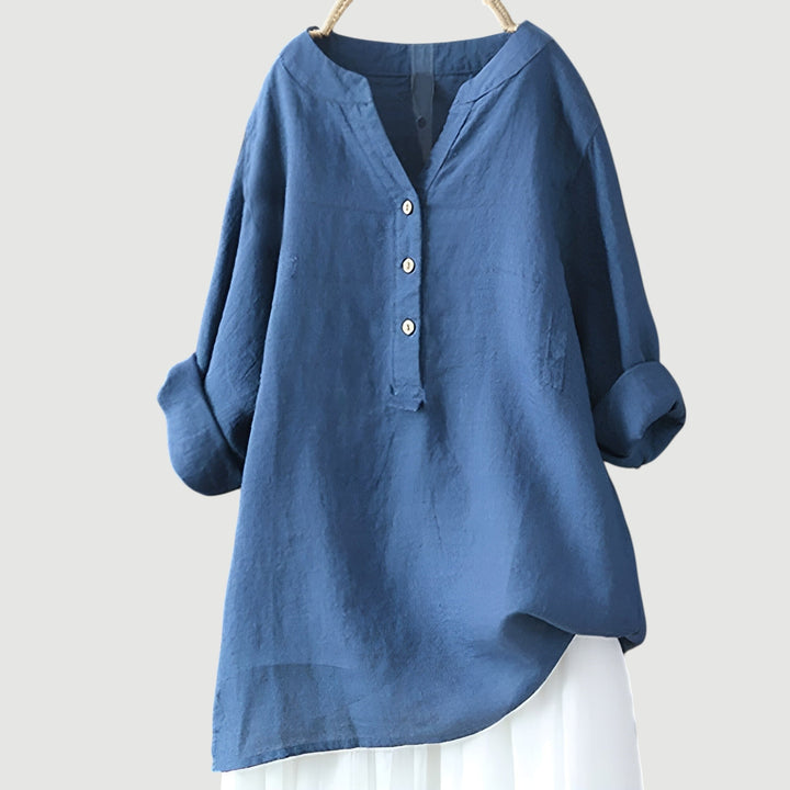 V-neck button-up women's blouse, a breathable loose fit top perfect for casual elegant summer style.