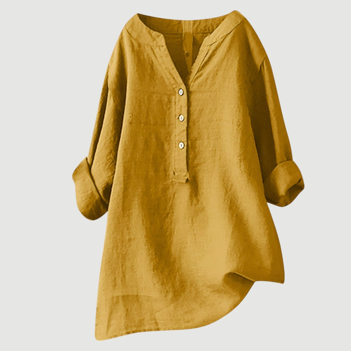 Rolled sleeve women's loose fit shirt, a breathable V-neck top for effortless casual elegant style.