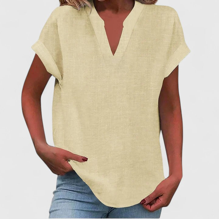 Everyday women's blouse, V-neck, loose fit, cap sleeves, comfortable & effortlessly stylish.