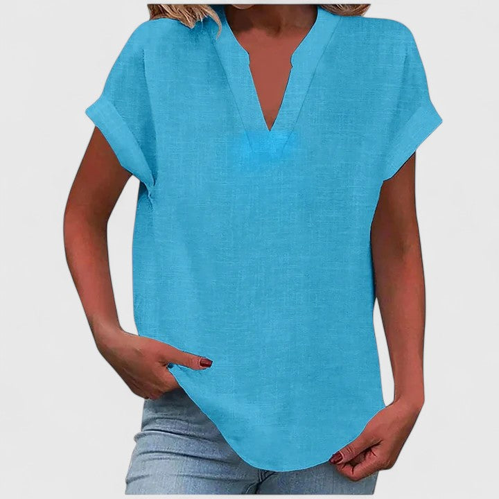 Women's fashion V-neck blouse, loose fit, comfortable cap sleeves, suitable for casual looks.