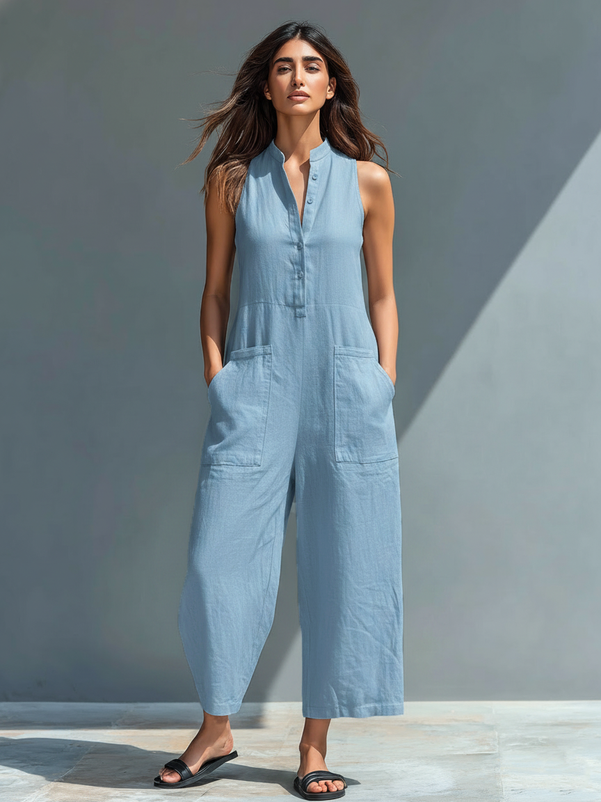 Woman wearing a casual sleeveless button-up jumpsuit with stand collar. Ideal for spring & summer travel.