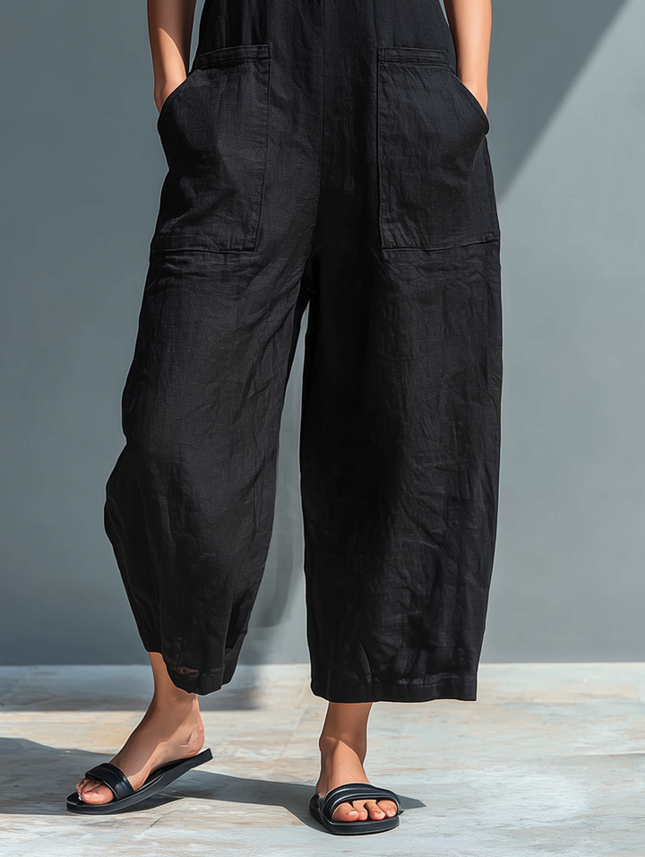 Chic women's loose sleeveless jumpsuit with stand collar, button-up design. Great for spring/summer travel.