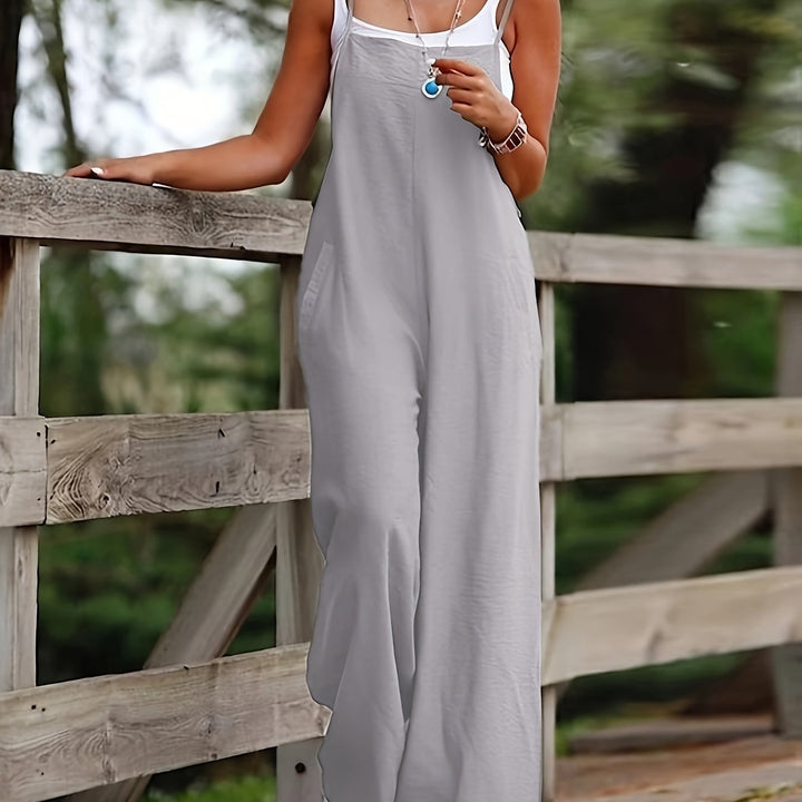 Casual sleeveless women's dungaree with pockets, wide leg and comfy.