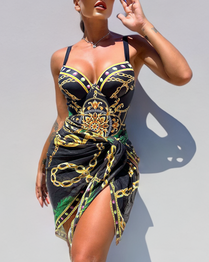 Women's luxury baroque chain print one-piece swimsuit & matching wrap skirt set. Perfect for resort wear & beach.