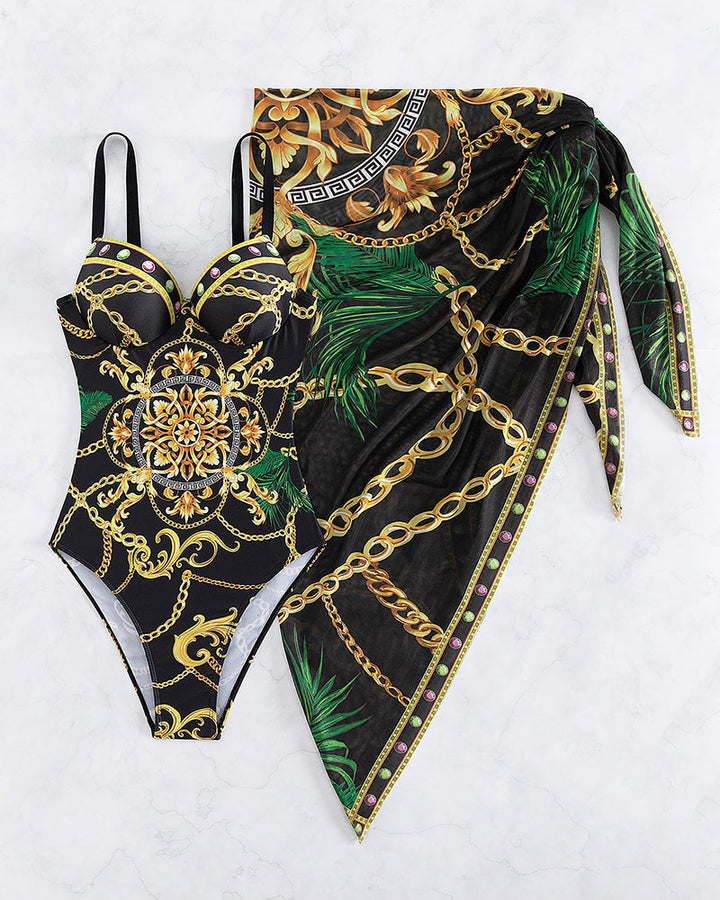 Women's fashionable baroque chain print swimsuit & wrap skirt combo. Luxury beachwear for resort & summer fashion.