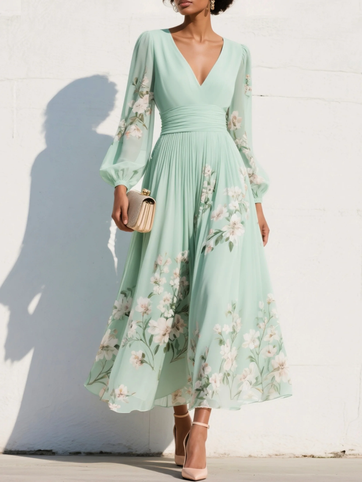 Women's Lyralei floral V-neck long sleeve midi dress. Elegant A-line style perfect for spring, summer, and fall occasions.