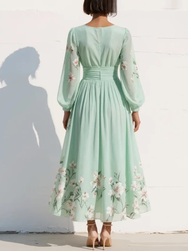 Stylish women's Lyralei floral V-neck long sleeve midi dress, showcasing a comfortable, flowy silhouette. Ideal for any occasion.
