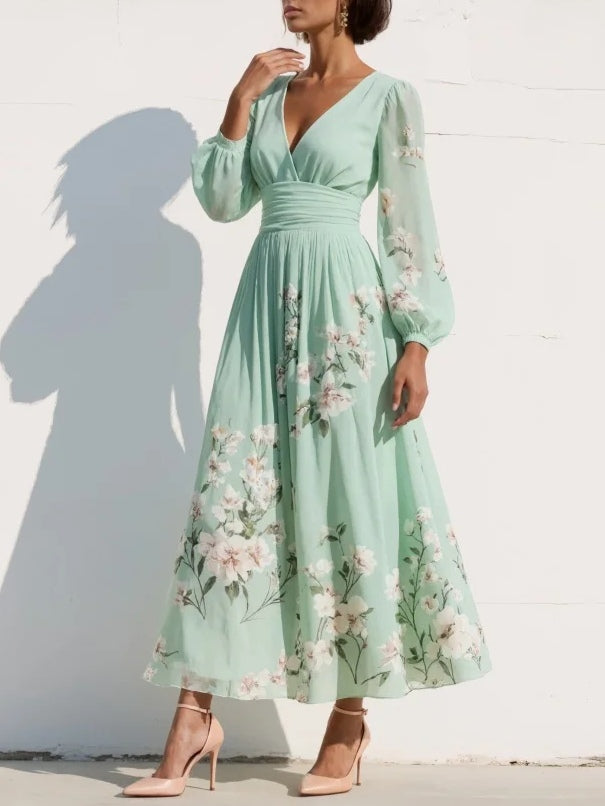 Front view of Lyralei women's floral print V-neck long sleeve A-line midi dress, highlighting the vibrant pattern and fit.