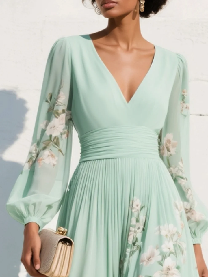 Elegant Lyralei women's long sleeve floral V-neck midi dress, perfect for spring, summer, and fall fashion. Flowy & comfortable.