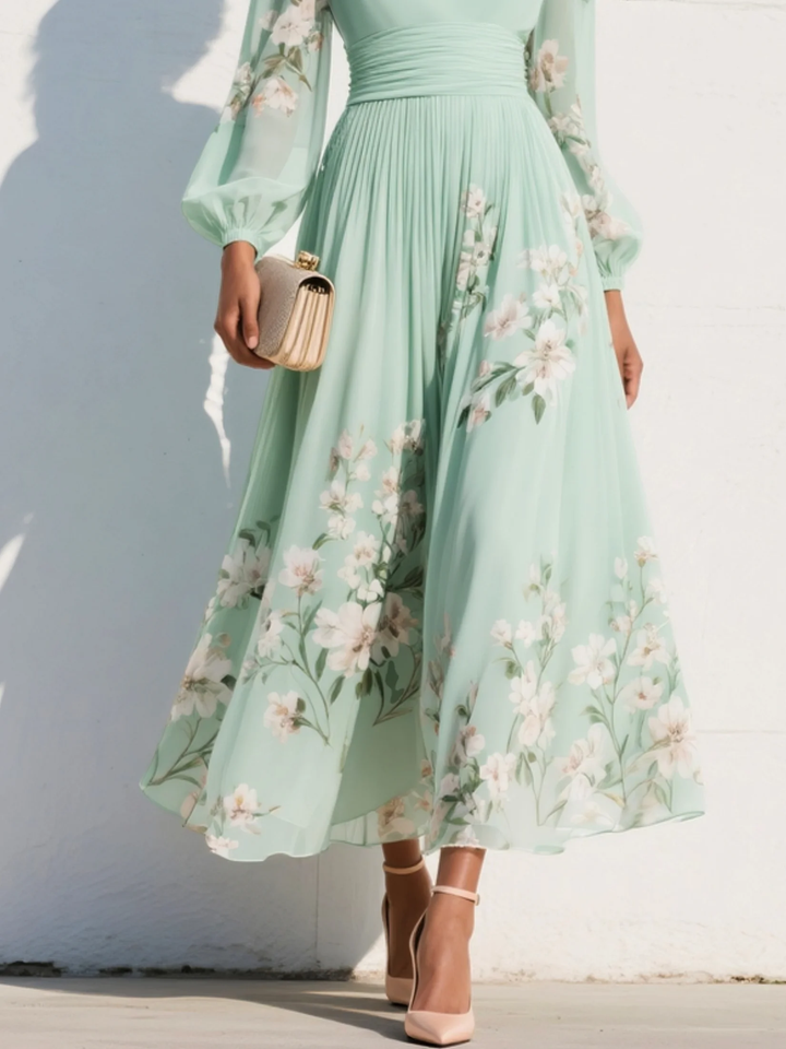 Model wearing Lyralei women's floral V-neck long sleeve midi dress, showing its comfortable, flowy movement and elegant design.