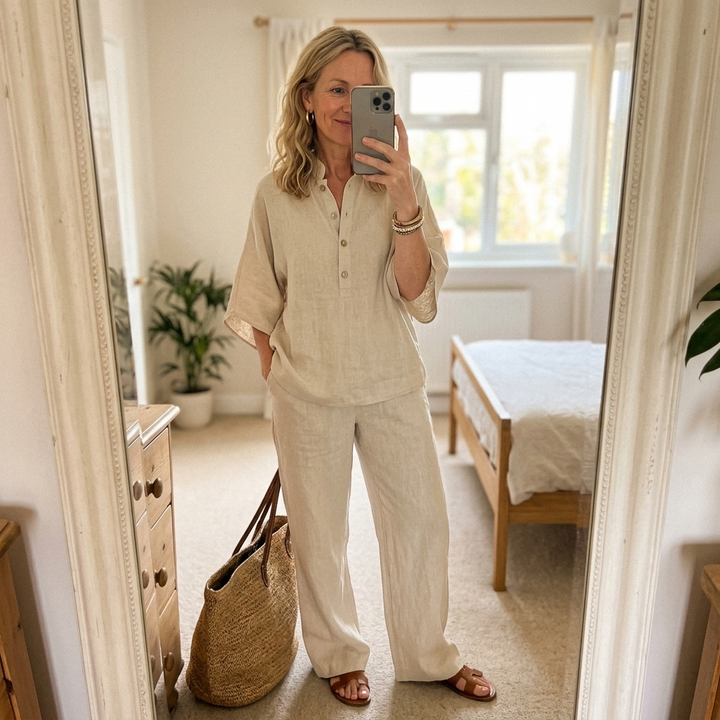 Full front view of women's elegant mandarin collar kimono sleeve top & wide leg pant matching set.