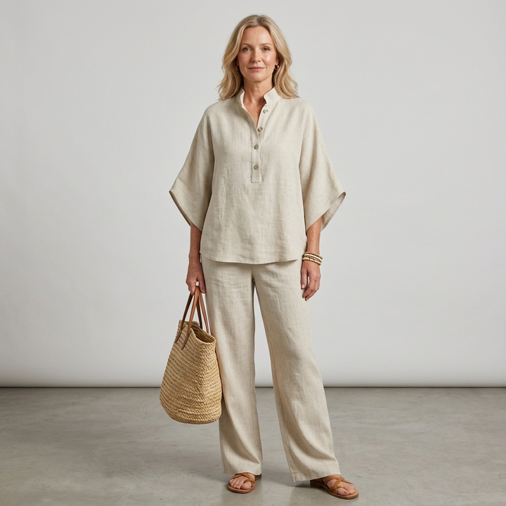Versatile women's matching set: two-piece outfit with mandarin collar top & wide leg pants.