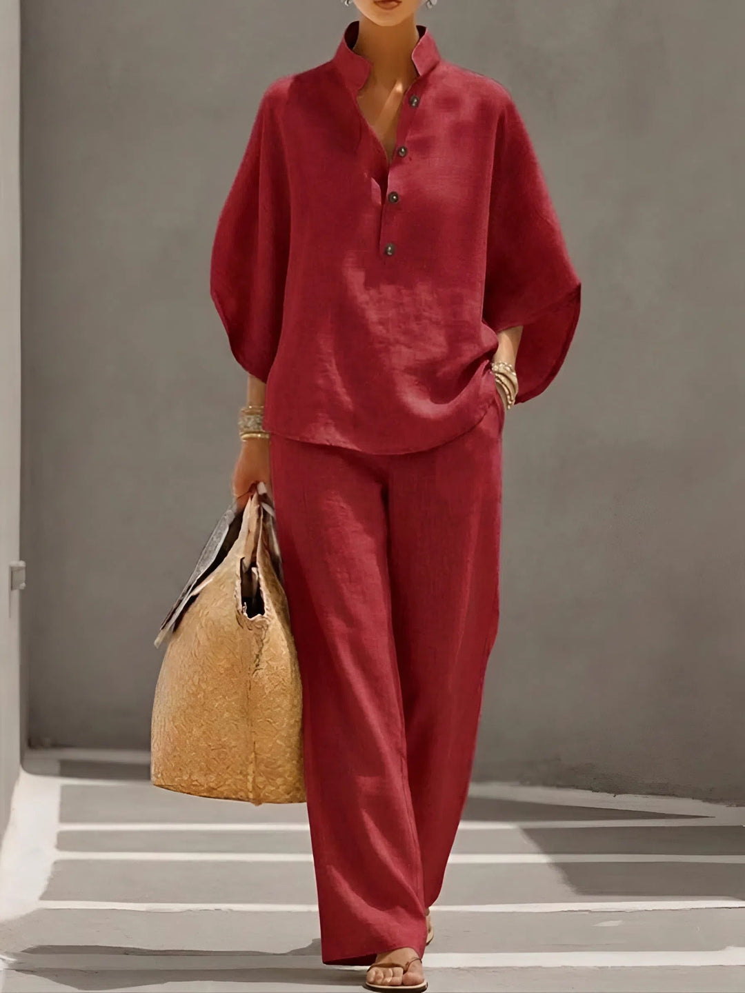 Lightweight women's kimono sleeve top & wide leg pant set, comfortable for warm weather.
