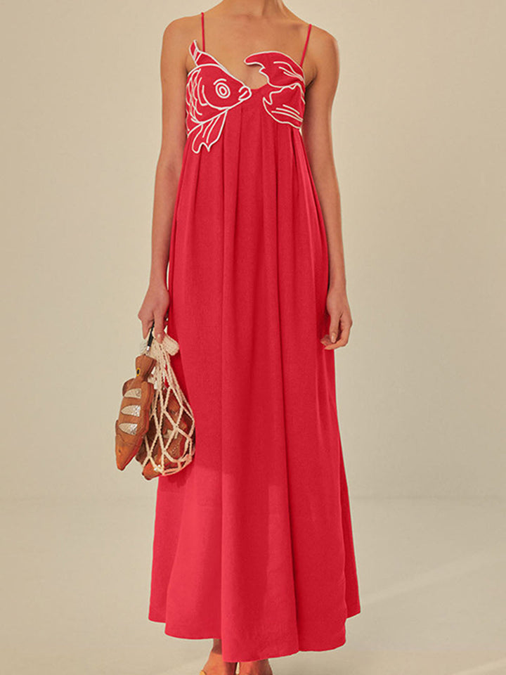 Women's Marisol Embroidered Maxi Dress with spaghetti straps, perfect for summer vacation wear.