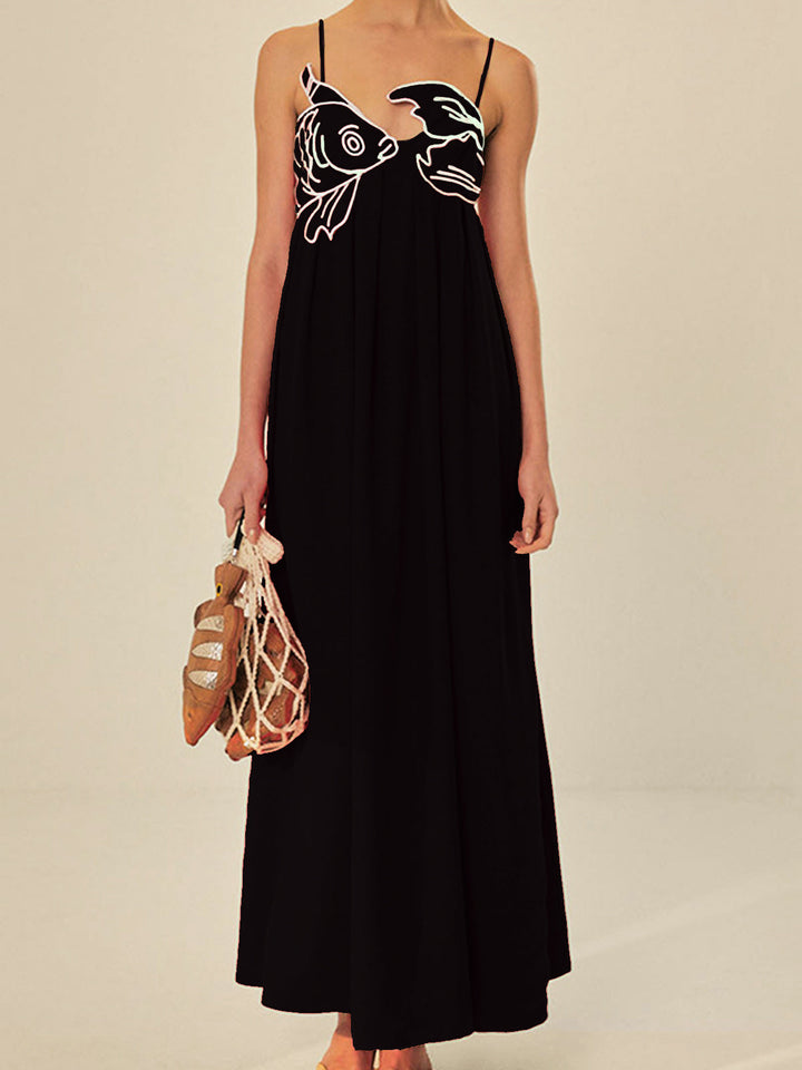 Elegant Marisol embroidered maxi dress, a spaghetti strap style ideal for resort wear & casual summer fashion.
