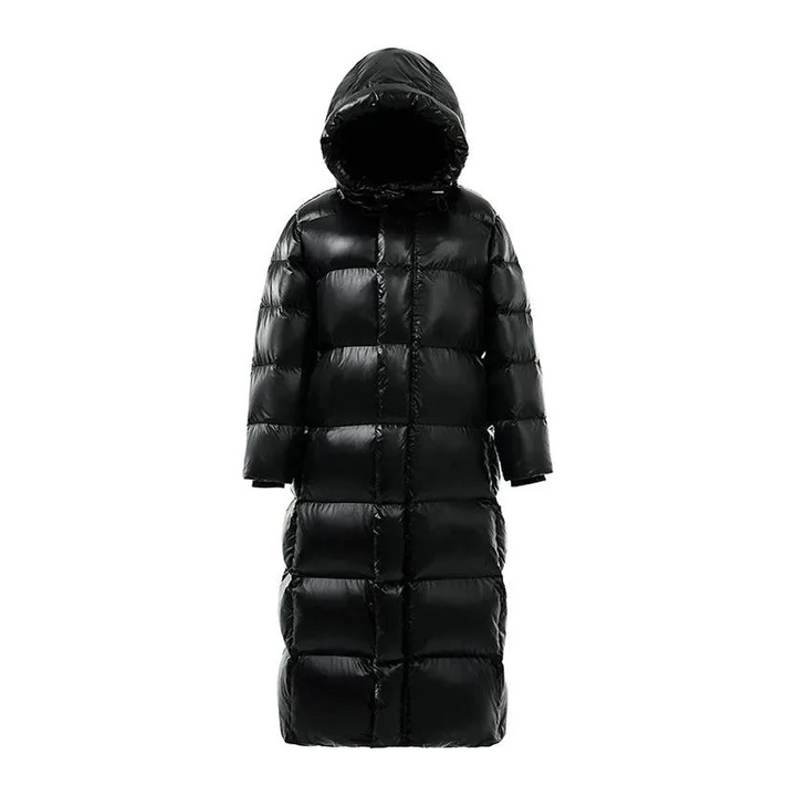 Stylish women's long maxi quilted winter coat with hood, perfect for autumn fashion & cozy comfort.