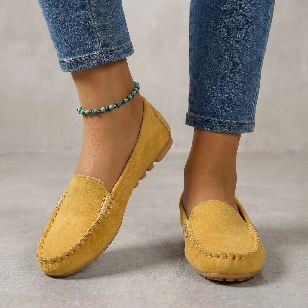 Women's metallic driving moccasins with orthopedic comfort, perfect slip-on loafers for everyday wear.