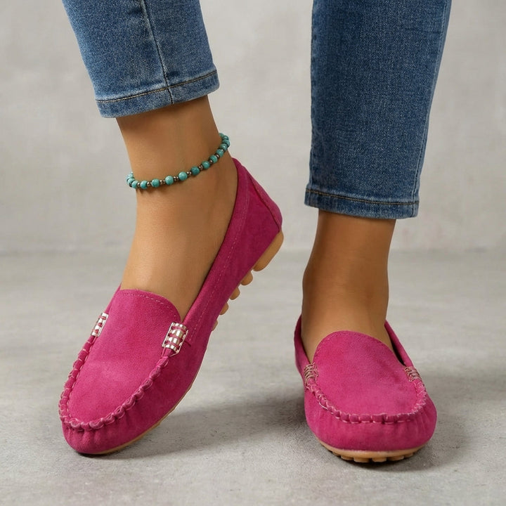 Orthopedic comfort loafers for women, stylish slip-on driving moccasins with a chic metallic accent.