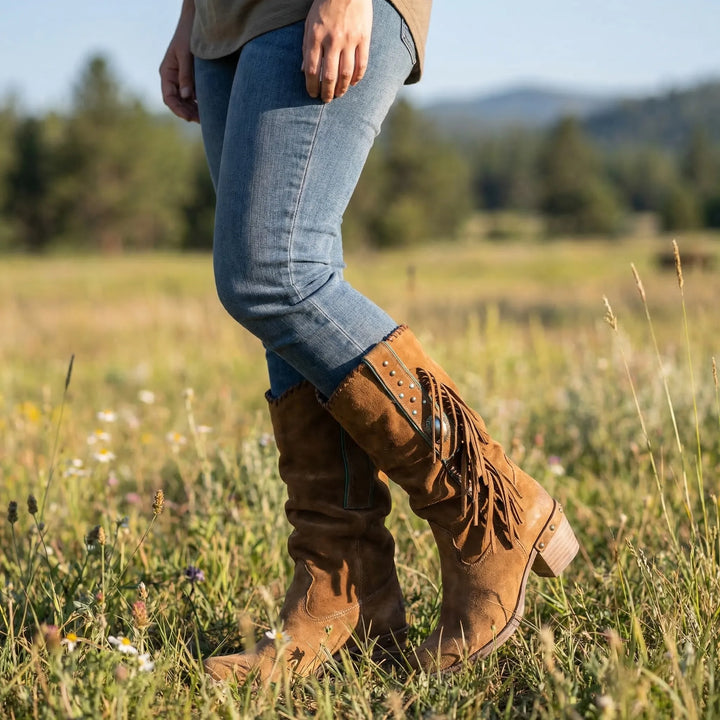 Women's mid-calf western boots with fringe, pointed toe & block heel. Perfect cowgirl style.