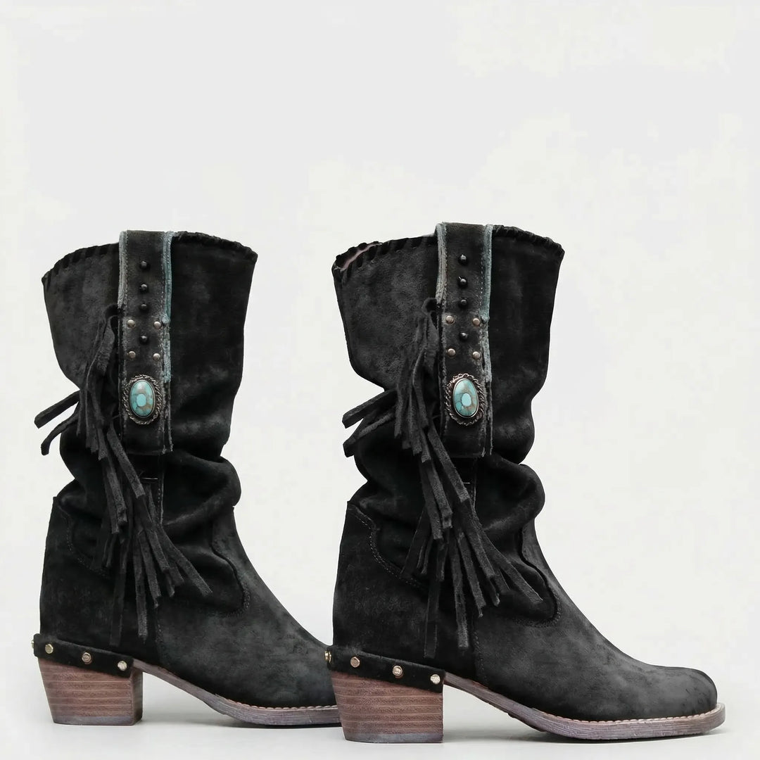 Casual women's mid-calf fringe boots, perfect for boho or western outfits. Pointed toe & durable block heel.