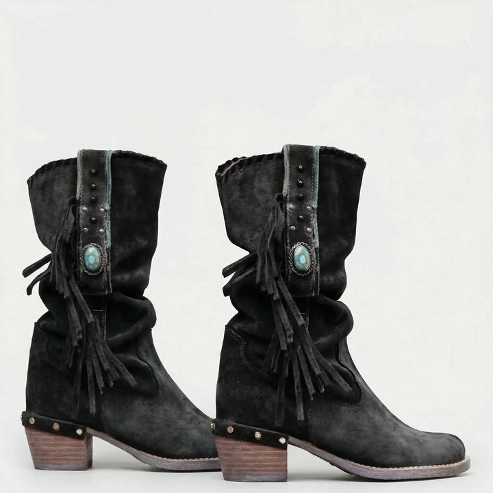 Casual women's mid-calf fringe boots, perfect for boho or western outfits. Pointed toe & durable block heel.