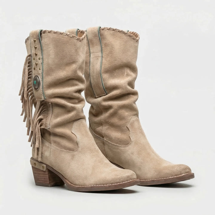 Caroline women's mid-calf western boots with flowing fringe, pointed toe, and a sturdy block heel.