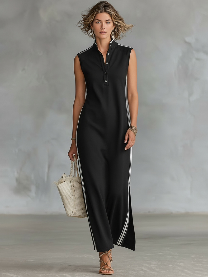 Comfortable women's maxi dress, sleeveless Henley, athletic minimalist design, ideal for spring/summer.
