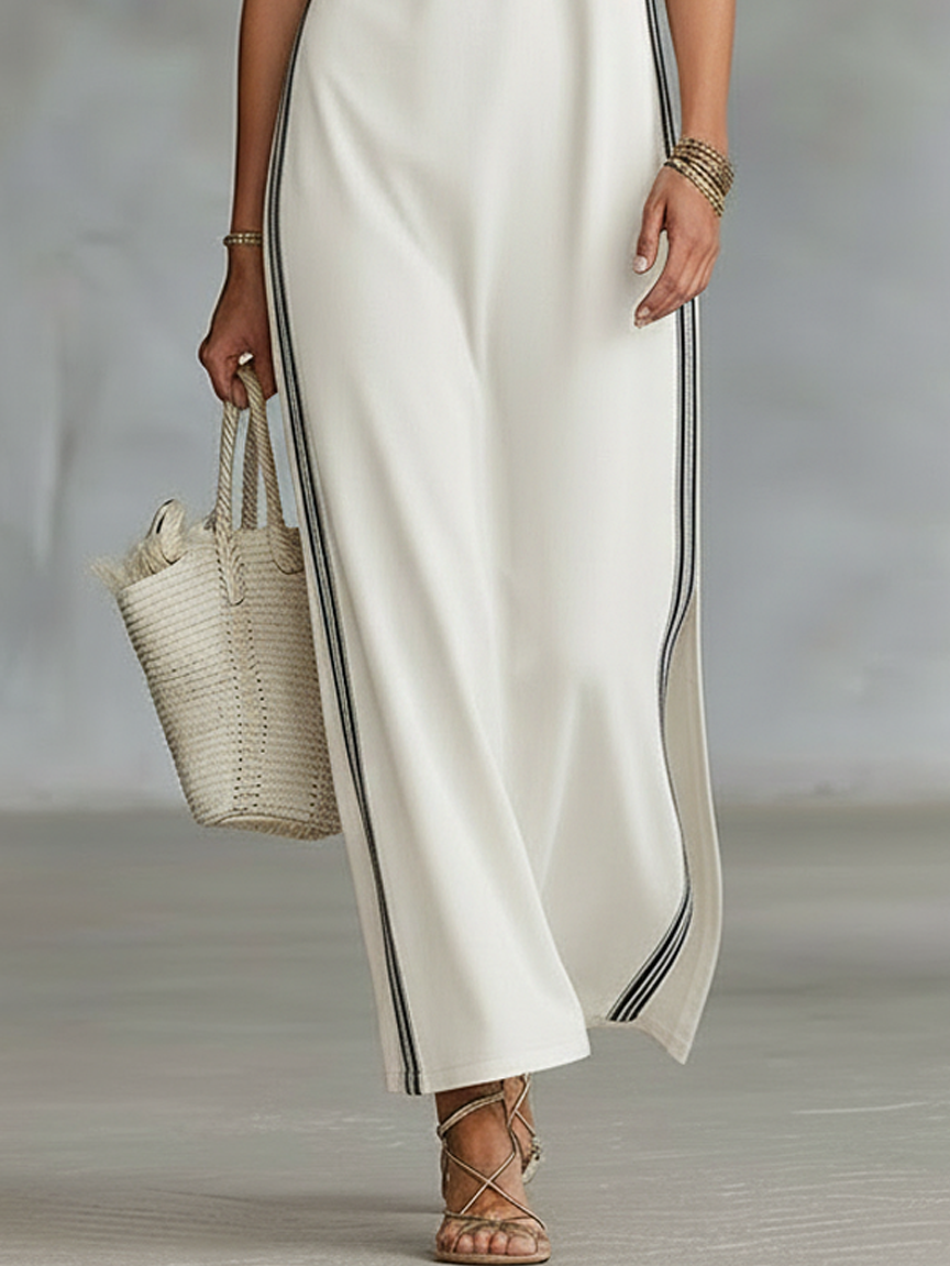 Stylish minimalist sleeveless Henley maxi dress for women, great for casual, chic, and travel outfits.
