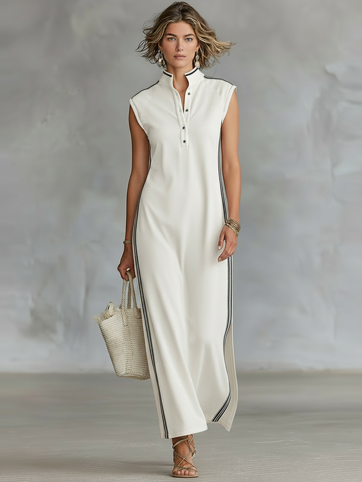 Versatile women's athletic-style sleeveless Henley maxi dress, perfect for spring, summer, and fall casual wear.