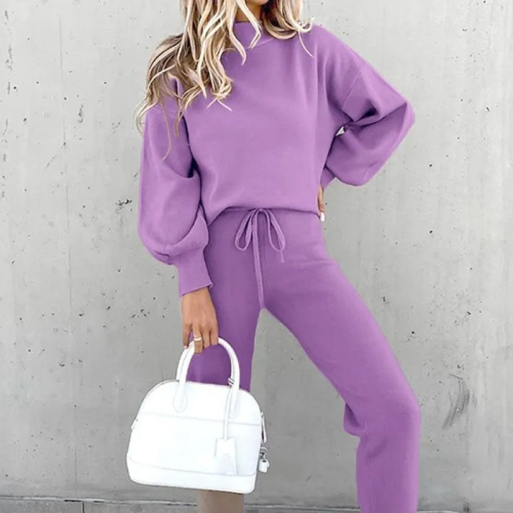Women's mock neck drawstring two-piece set with stylish balloon sleeves, perfect for comfortable fall loungewear.