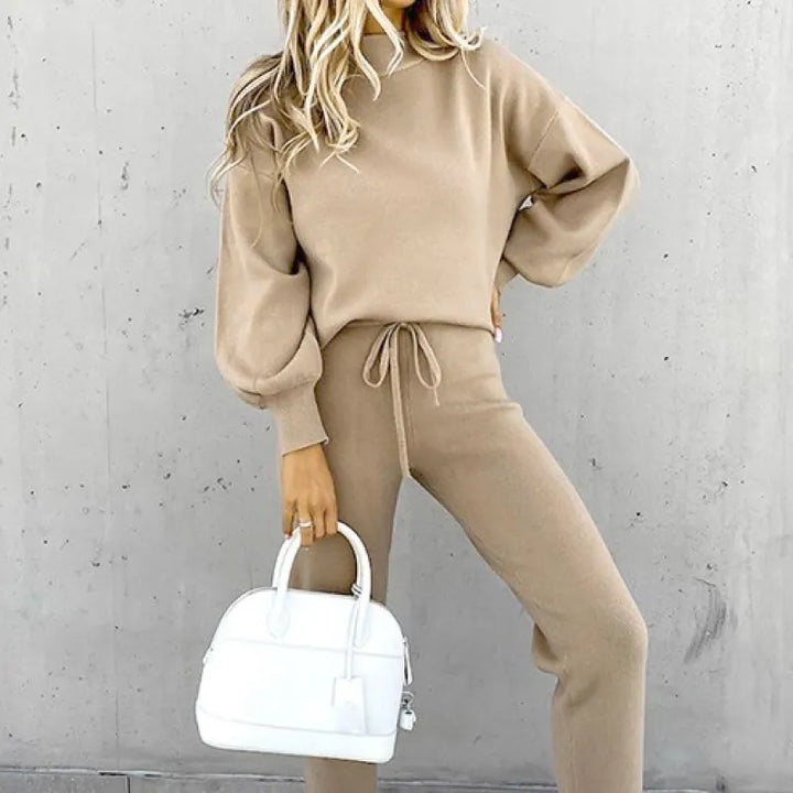 Casual women's matching set featuring a cozy mock neck and adjustable drawstring waist for ultimate comfort.