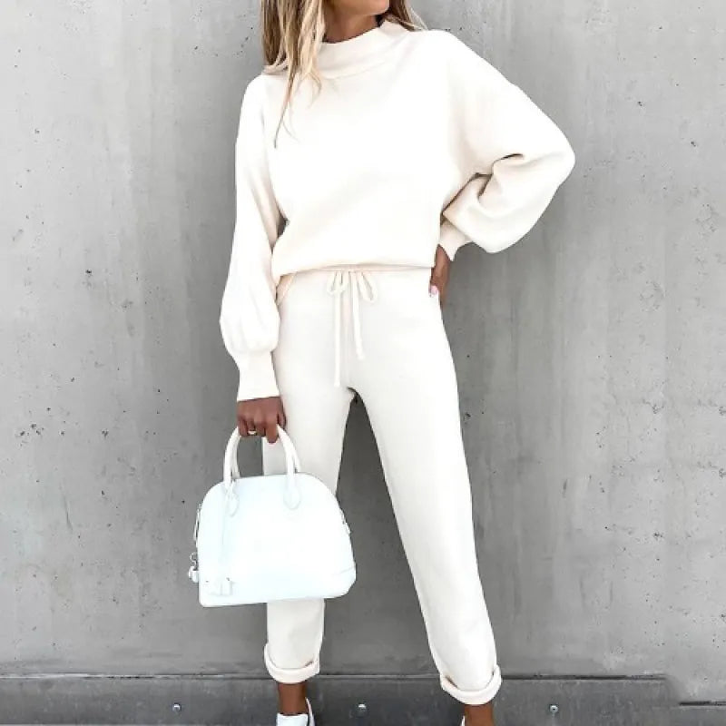 Stylish women's mock neck top and drawstring pants set, a versatile and comfortable fall fashion choice.
