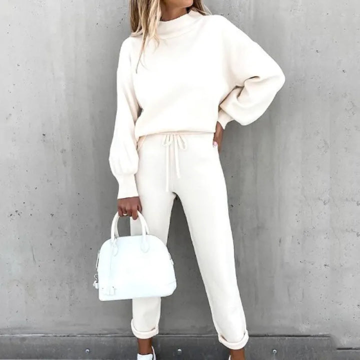 Stylish women's mock neck top and drawstring pants set, a versatile and comfortable fall fashion choice.