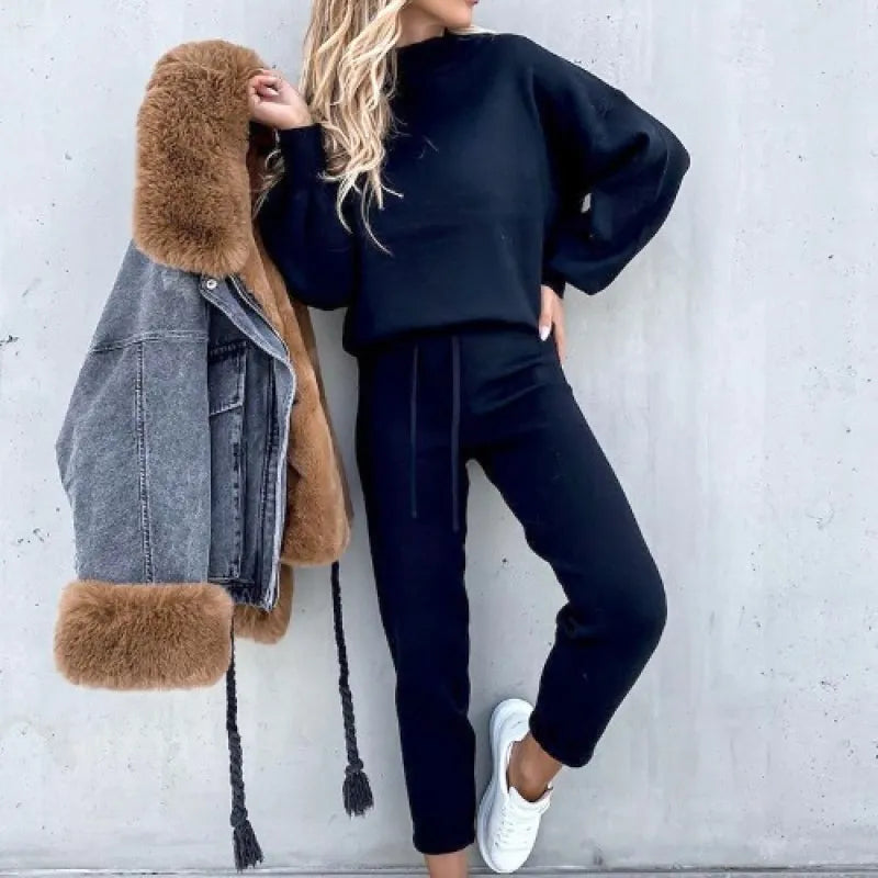 Trendy women's fall fashion set: mock neck top with dramatic balloon sleeves & matching drawstring pants.