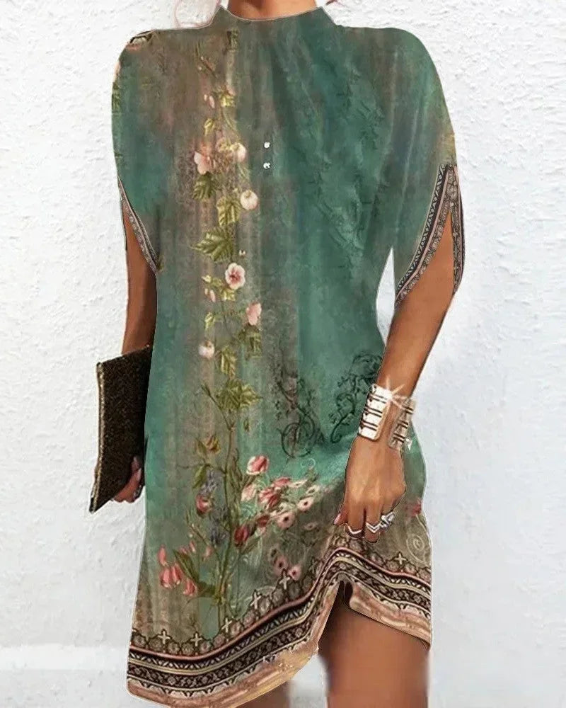 Women's elegant mock neck cape sleeve mini dress, versatile for chic party and women's fashion wear.