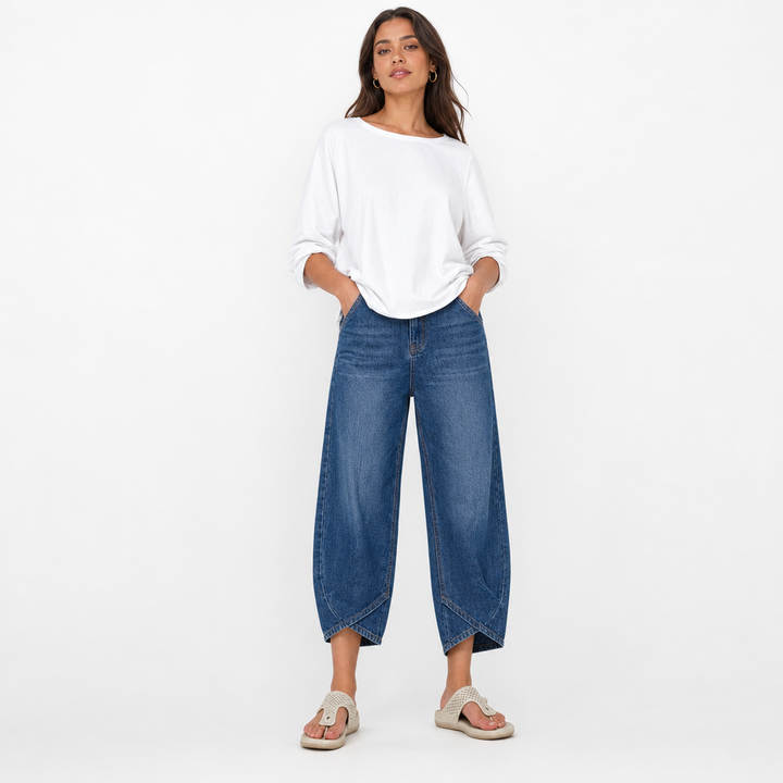 Stylish women's curved barrel leg cropped denim jeans, a modern essential for casual wear.
