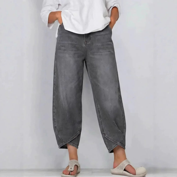 Women's mid-rise barrel leg cropped denim jeans, a modern take on casual everyday style.