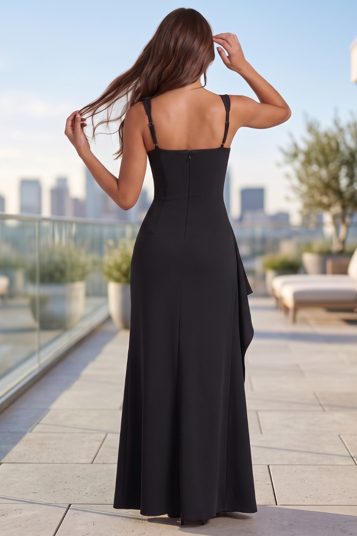 Sophisticated women's slit maxi dress, a graceful evening gown with a square neckline, perfect for special occasions.