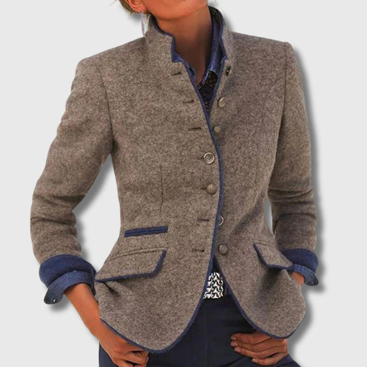 Women's modern stand-collar single-breasted tailored blazer, perfect for professional wear & office fashion.