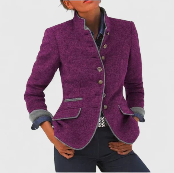 Tailored gray women's blazer with a modern stand-collar and single-breasted design. Ideal professional office wear.