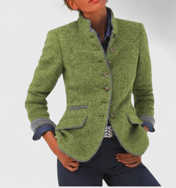 Stylish brown women's modern stand-collar single-breasted blazer. Elegant professional wear and versatile outerwear.