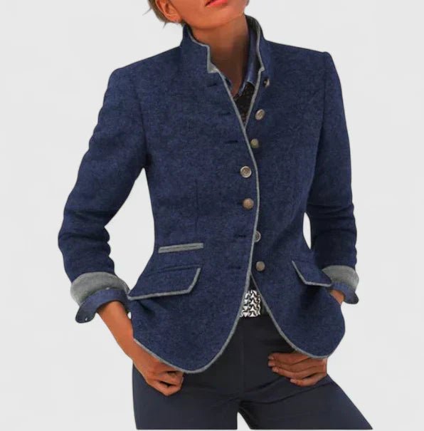 Chic purple stand-collar single-breasted women's blazer. Tailored for professional wear or stylish versatile outfits.