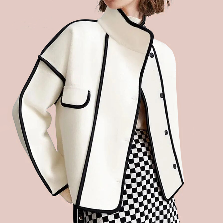 Women's Monaco piped elegant insulated jacket, perfect for chic fall/winter style. Sophisticated outerwear.