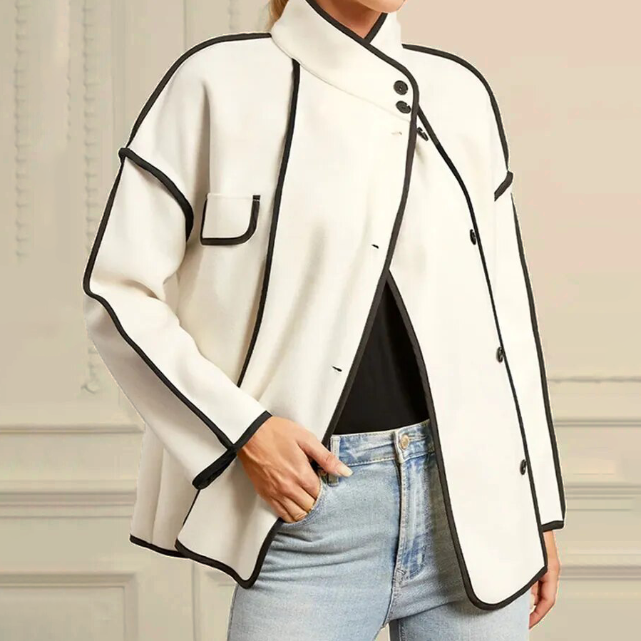 White Women's Monaco jacket with elegant piped design. Insulated for warmth & chic fall/winter fashion.