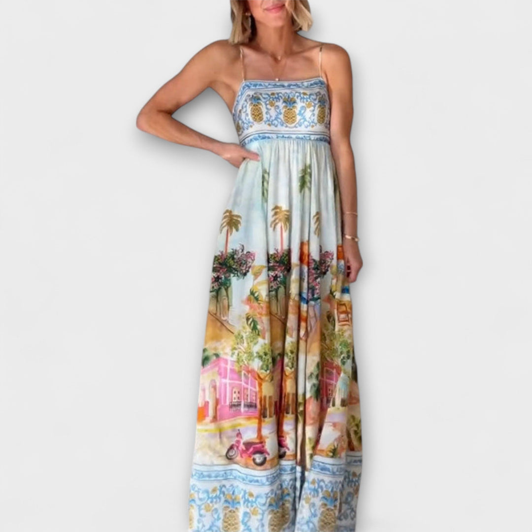 Women's multicolor maxi dress, perfect for summer vacations or resort wear. Flowy, comfortable, sleeveless style.