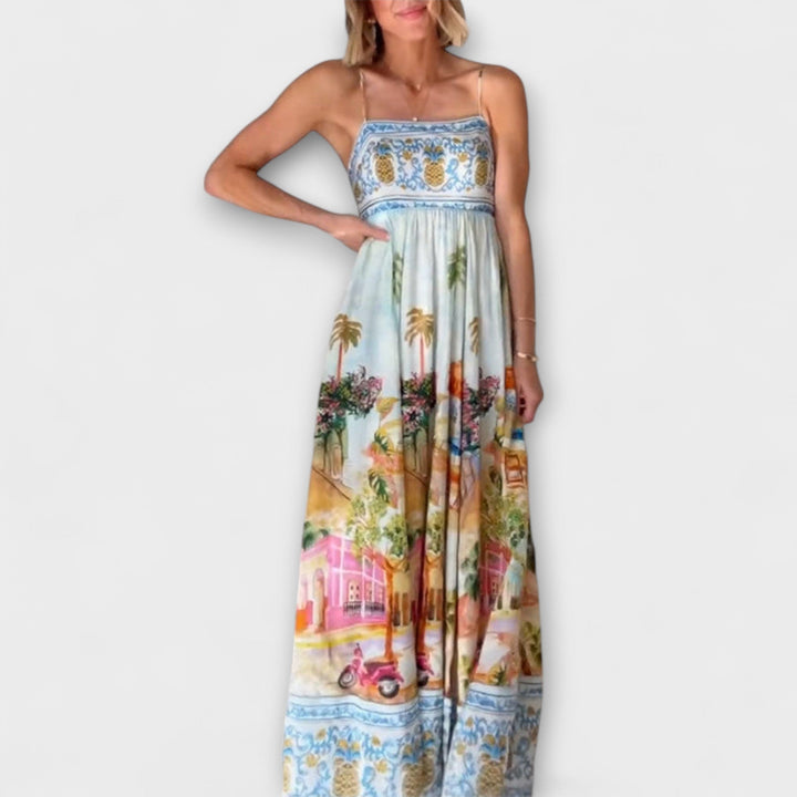 Women's multicolor maxi dress, perfect for summer vacations or resort wear. Flowy, comfortable, sleeveless style.