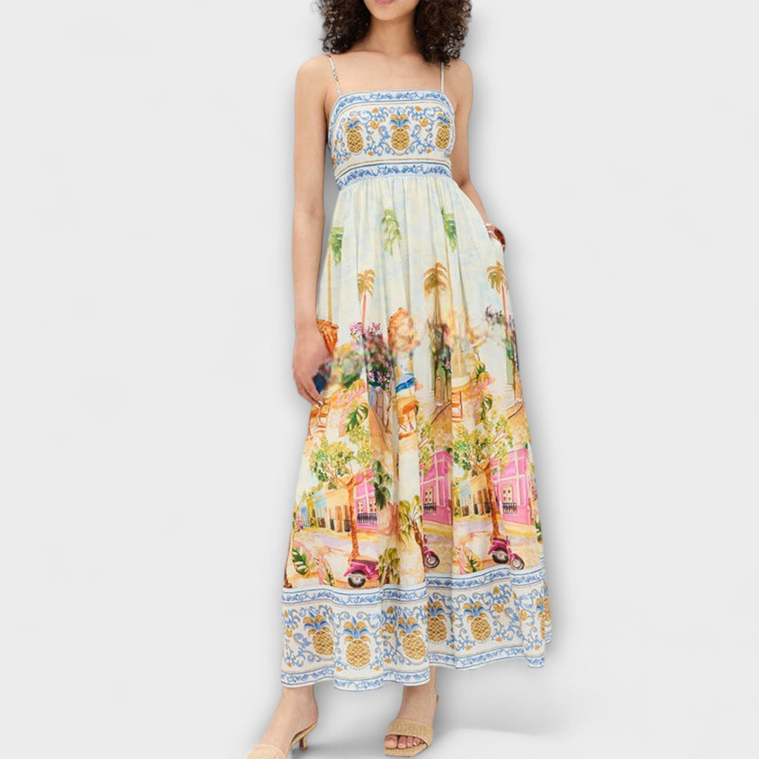 Sleeveless women's multicolor maxi dress, ideal for effortless summer style, vacation, or beach resort wear.