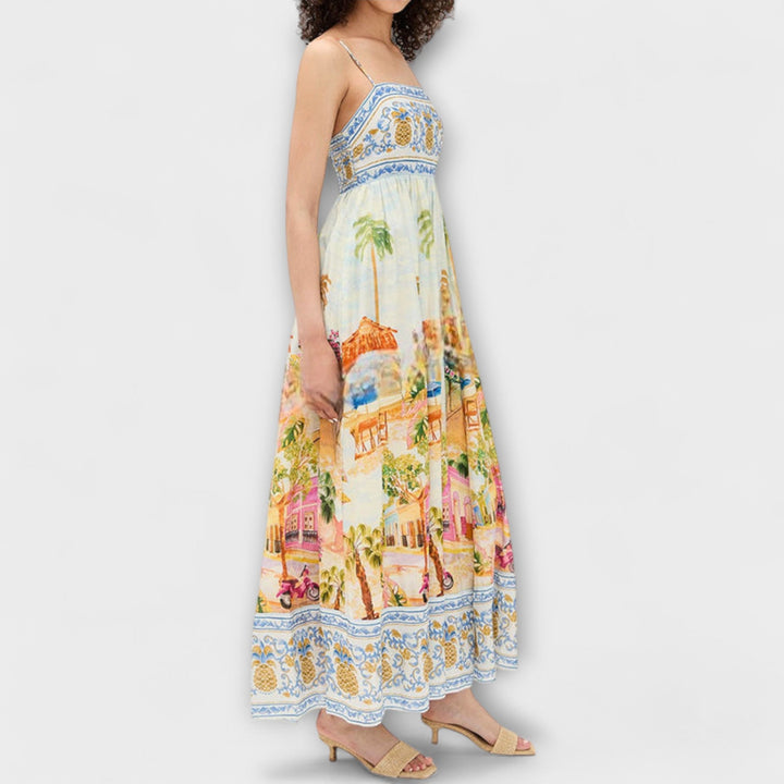 Vibrant women's multicolor sleeveless maxi dress, versatile for summer, resort, or comfortable casual wear.