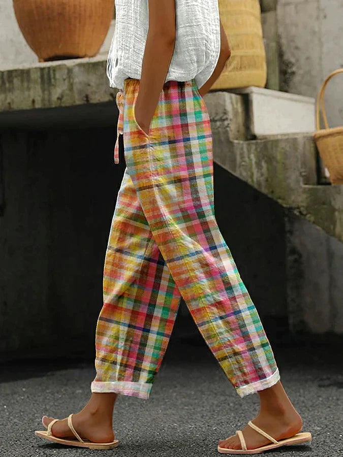 Women's multicolor plaid linen-blend casual pants with drawstring waist, ideal for summer vacation wear.