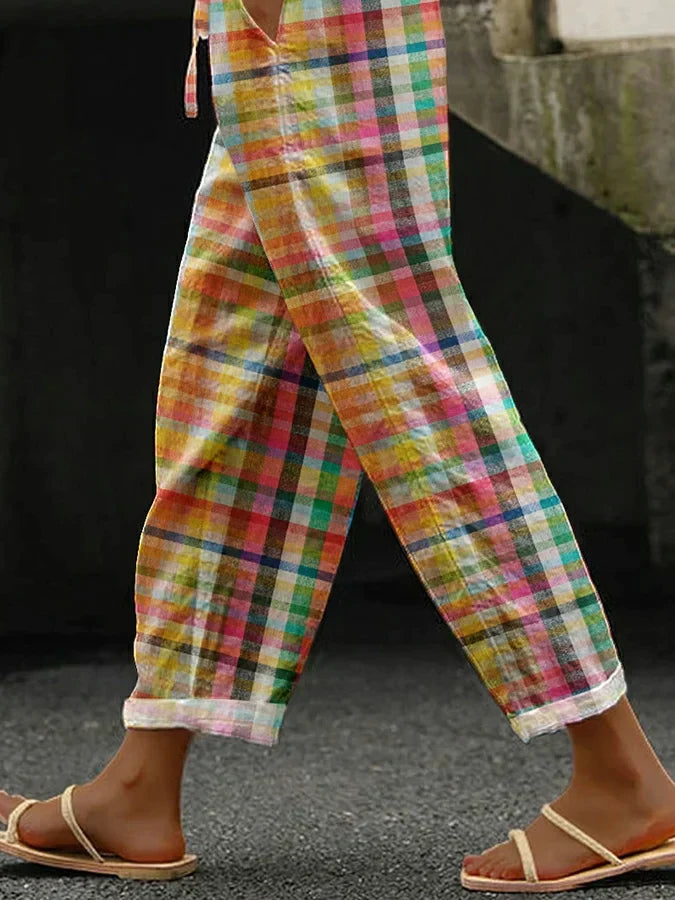 Relaxed fit women's multicolor plaid linen-blend pants, breathable & elasticated for comfortable casual style.